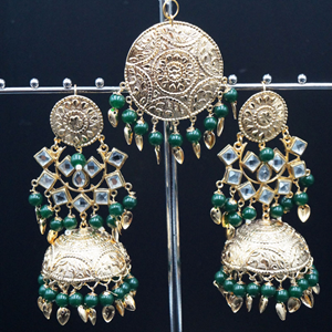 Ivaan -White Kundan/ Green Beads Earring Tikka Set - Gold